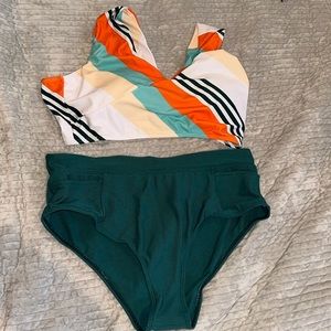 Orange and green striped two piece modest bikini